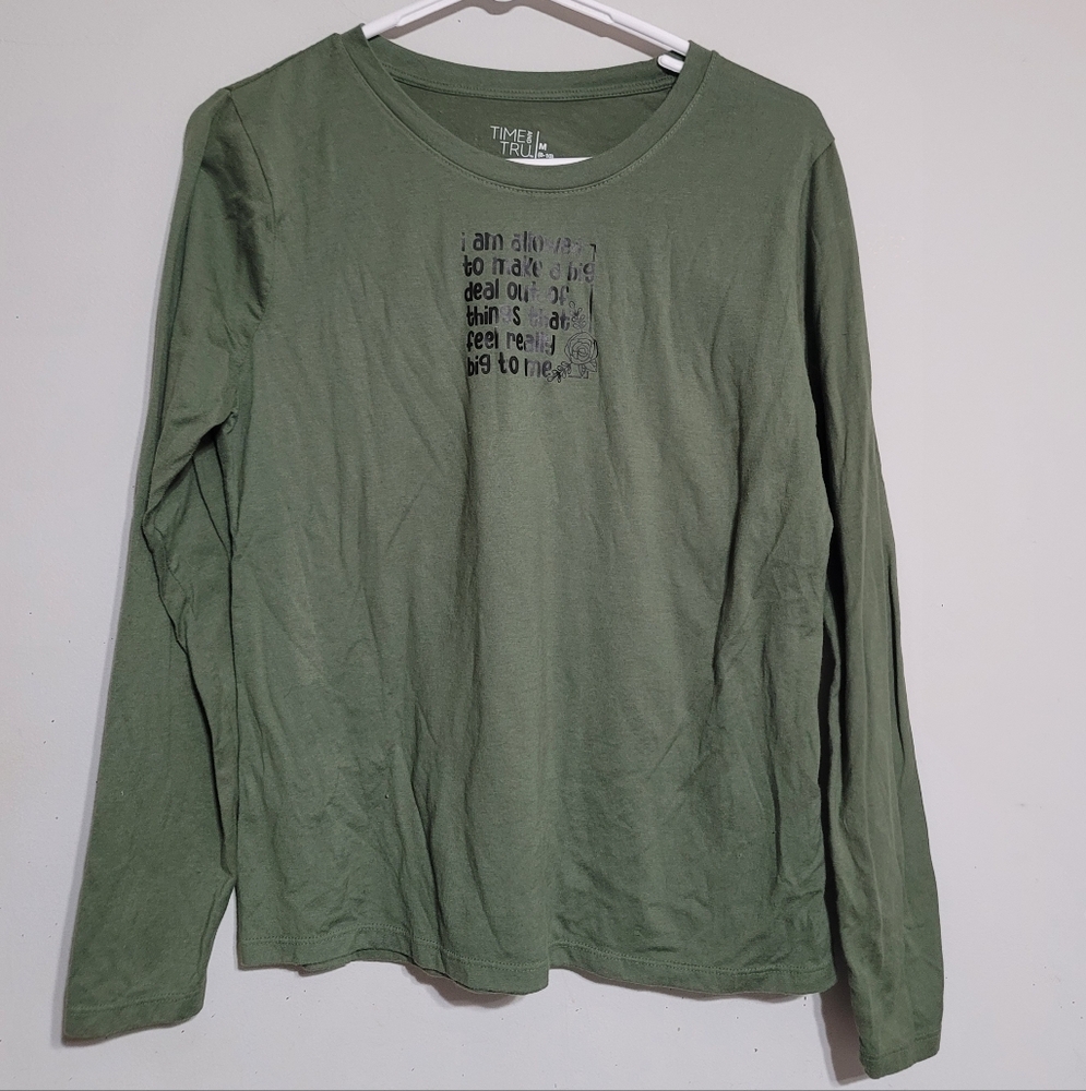 Womens Time True‎ Medium Top Olive Green Military Mental Health Anxiety Joy